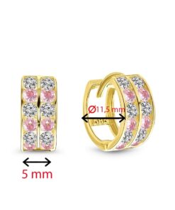 14 Karaat Gouden Kinderoorbellen Meisje - Dubbele rij Roze Zirkonia stenen - 11.5 mm