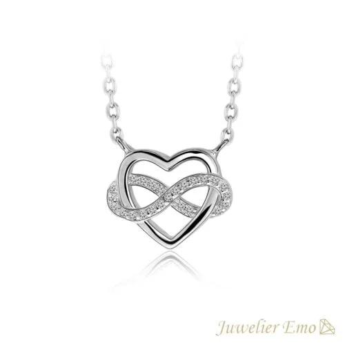 Juwelier Emo - Hart & infinity Ketting Zilver met Zirkonia's - Zilveren Ketting met hanger - 45 CM