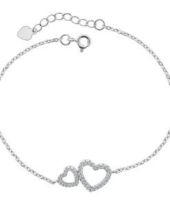 Dubbele Hart hanger Armband met Zirkonia's - Zilveren Armband met hanger - 19.5 CM