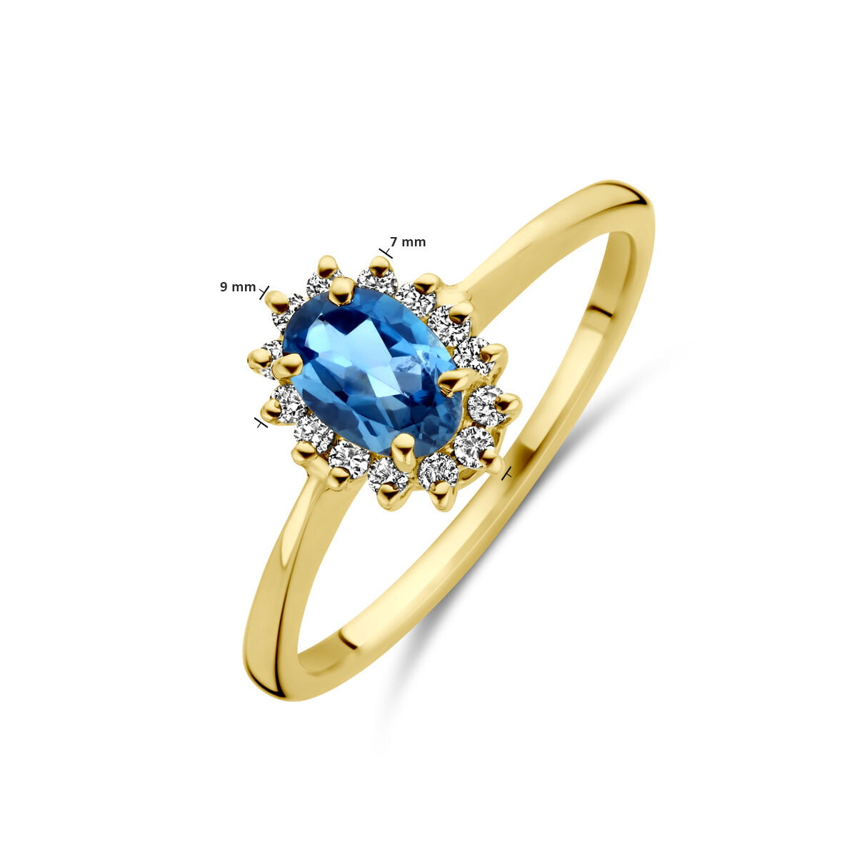 14 Karaat Geelgouden Ring London Blue Topaas En Diamant - Afbeelding 5